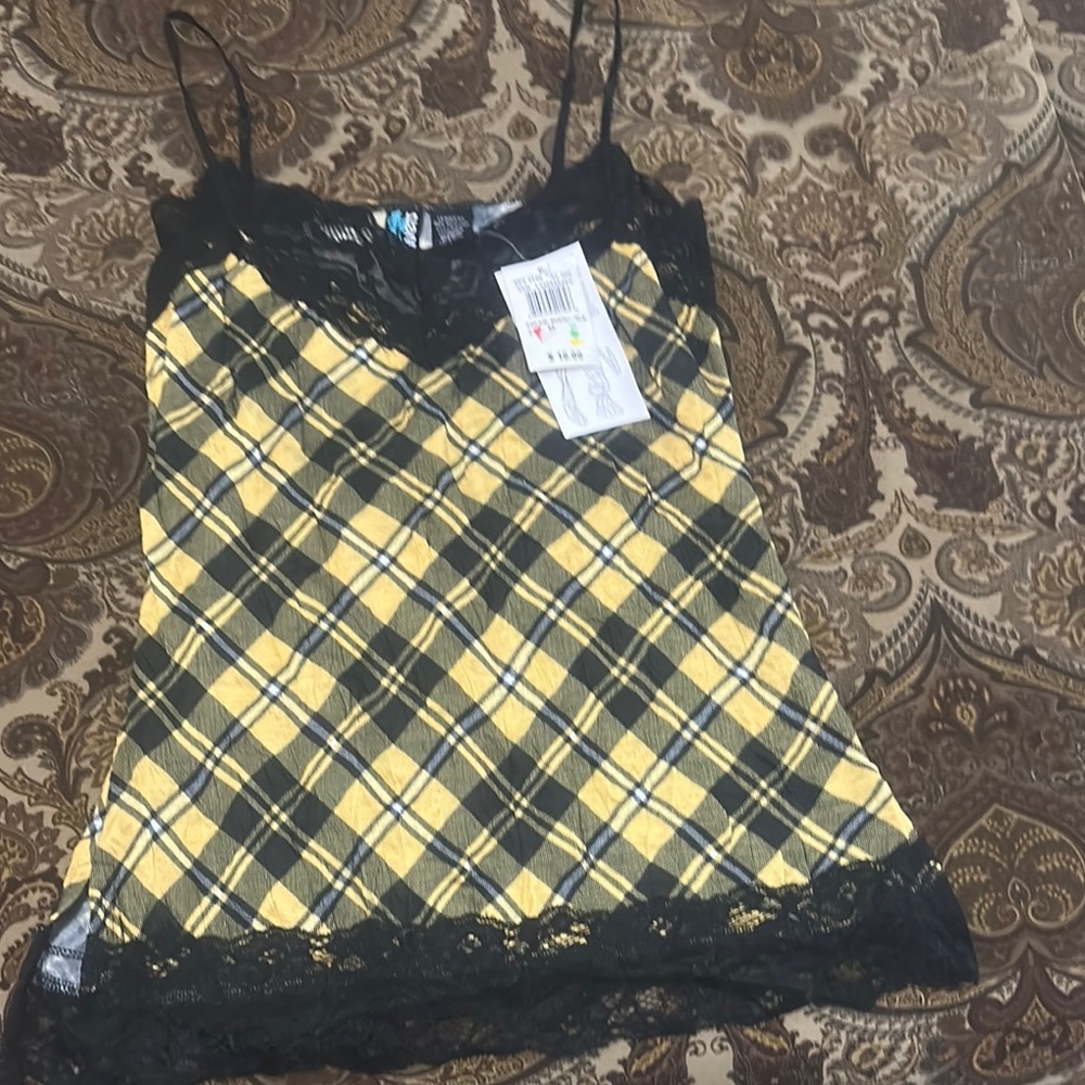 Yellow and Black Plaid Camisole with Lace Trim